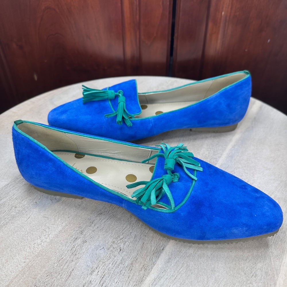 Boden Blue Suede Tassel Loafers Green Trim Pointed Toe Flats Mens EU 39 - Picture 2 of 12